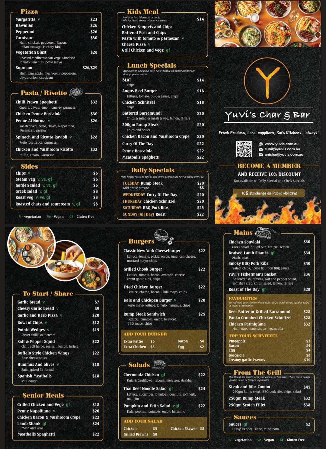 Yuvi's Char & Bar full menu — pizza, pasta, burgers, mains, salads, sides, daily specials and more